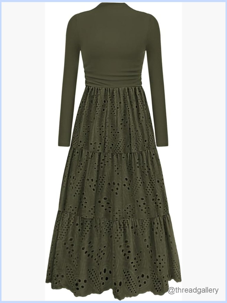 Elegant Mock Neck Long Sleeve Maxi Dress A-Line Flowy